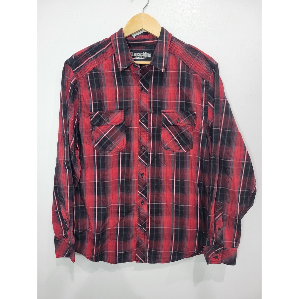 MACHINE Men's Red Black Plaid Long Sleeve Button Up Shirt Size L‎ Casual